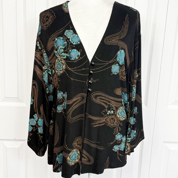 Coldwater Creek Black Floral Slinky Knit Flare Sleeve Jacket Topper Large - Picture 1 of 16